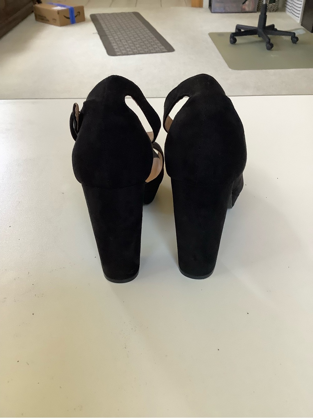 American Eagle Black Suede Platform Peep-Toe Heels with Ankle Buckle 5.5 - Picture 3 of 7